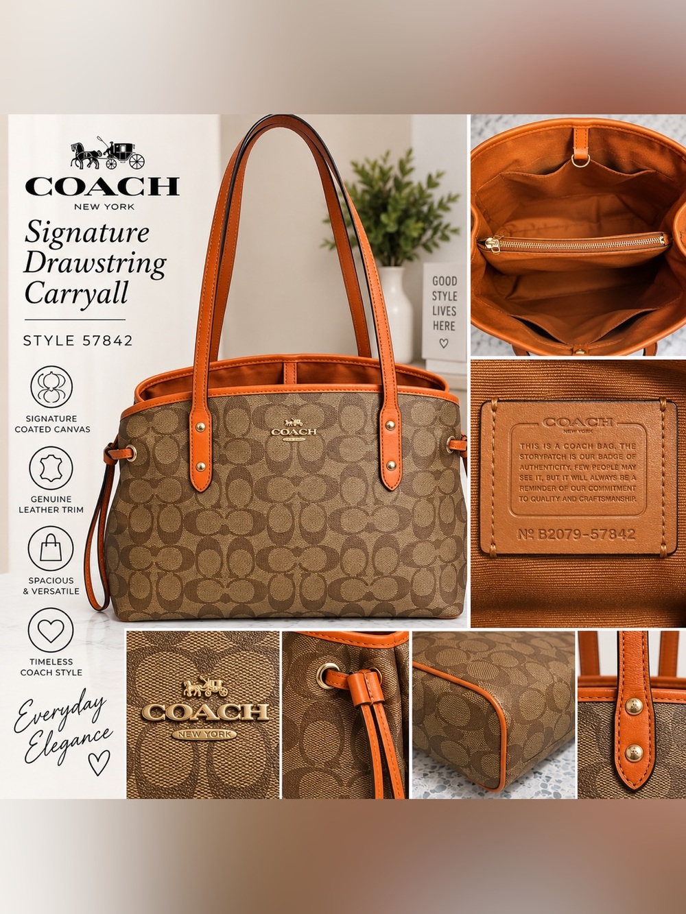 Coach Signature Drawstring Carryall 57842 Khaki Saddle Tote